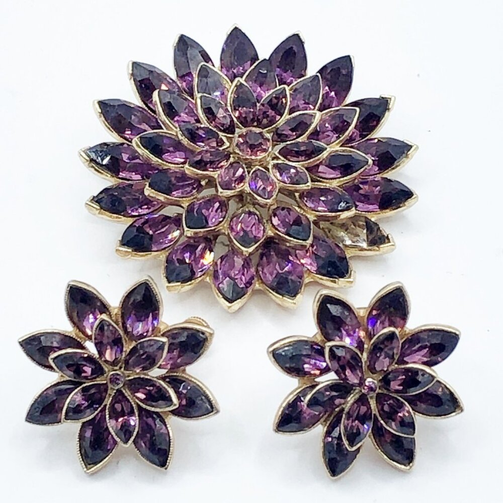 Vintage Purple Floral Screw Back Earrings + Bonus Brooch (Needs Repair)